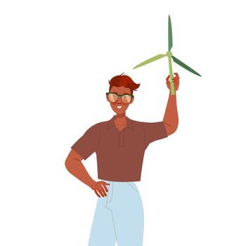 Man Character Caring about Planet and Saving Ecosystem with Wind Generator Illustration vector