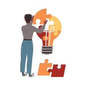 Person working on puzzle and light bulb vector