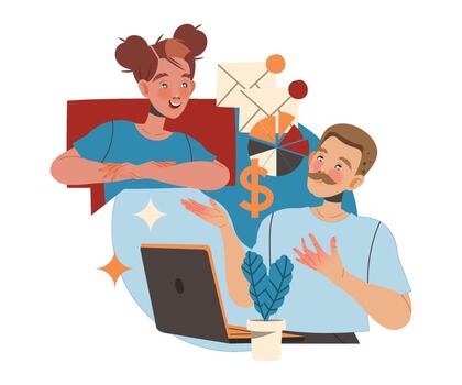 Man and Woman Character Working with Information Via Network Analyzing and Browsing Data Illustration vector