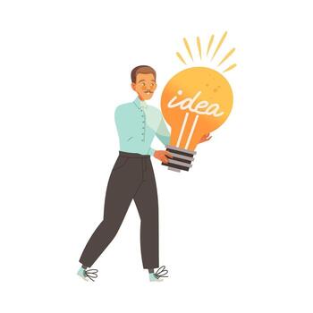 Man Carrying Huge Light Bulb as Smart Idea and Solution Illustration vector
