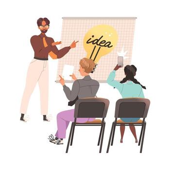 Man Near Whiteboard with Light Bulb Presenting Smart Idea and Solution Illustration vector