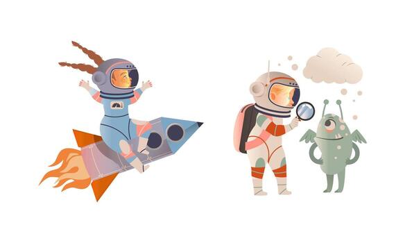 Children astronauts explore space with aliens vector