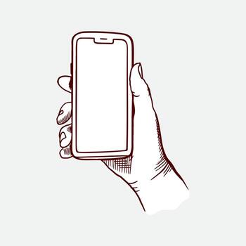 mano participación célula teléfono verticalmente con pantalla en mostrar. mano dibujado gráfico acortar Arte para utilizar como iconos, como bien como para pancartas y volantes vector