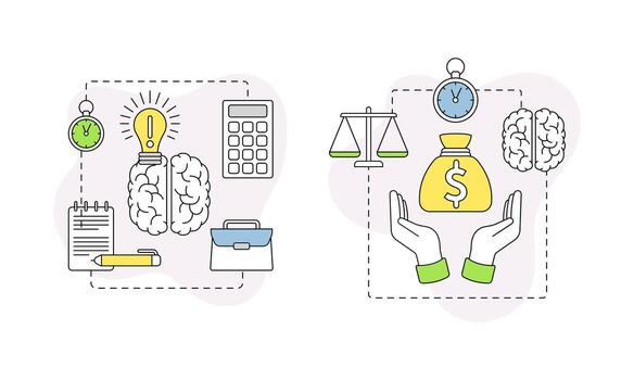 negocio y puesta en marcha desarrollo con cerebro y dinero línea composición conjunto vector