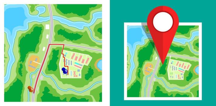 Map with location pointers and navigation paths vector