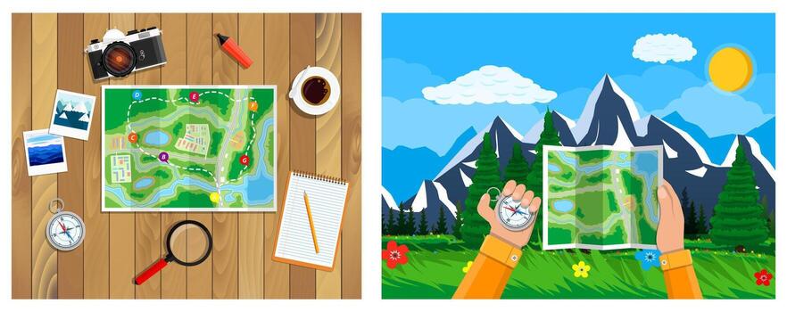 Maps and navigation tools for hikers vector