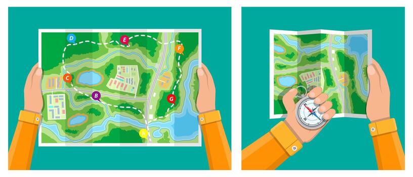 Map and compass for outdoor navigation vector