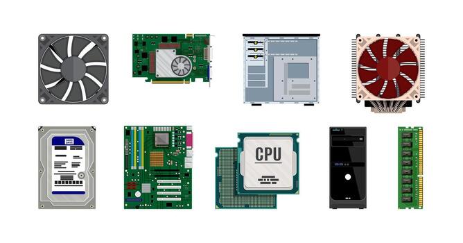 Collection of computer hardware components vector