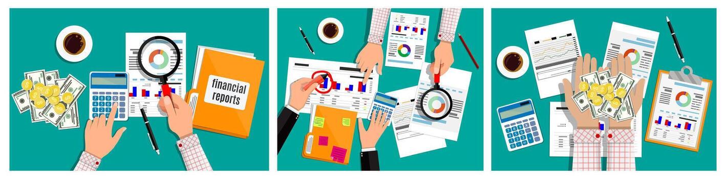 Hands analyzing financial reports and data vector
