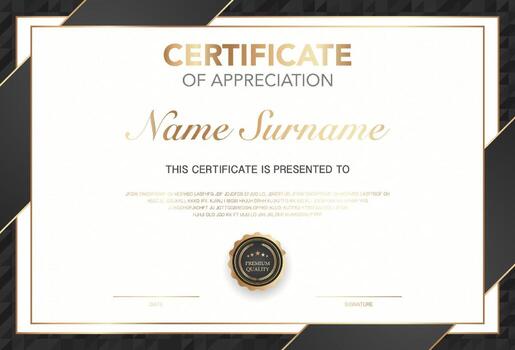 Modern certificate of appreciation template with elegant gold and black design, premium quality badge, customizable name signature area, perfect for awards, achievement or recognition. vector