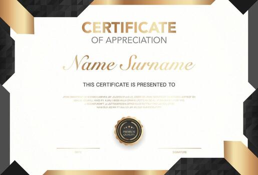Modern certificate appreciation template with elegant gold and black design, premium quality badge, customizable name and signature area, perfect for awards, achievement or recognition vector
