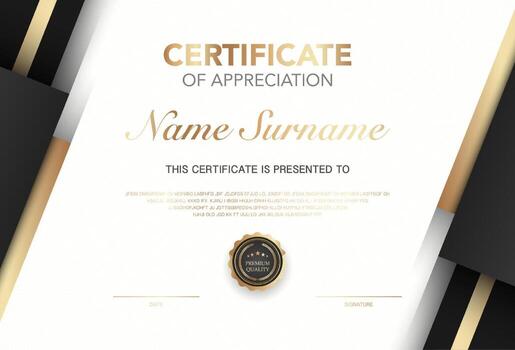 Modern certificate of appreciation template with elegant gold and black design premium quality badge, customizable name and signature area, perfect for awards, achievement or recognition. vector