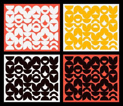 Set of four abstract geometric mosaic patterns in a retro bold style. Collection of minimalist backgrounds with semi-circle and arch shapes in various color schemes vector