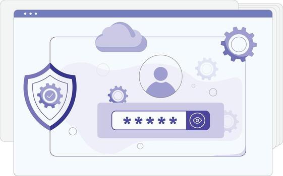 A secure login screen displays a password field, user profile, and security shield, illustrating Log in UI vector