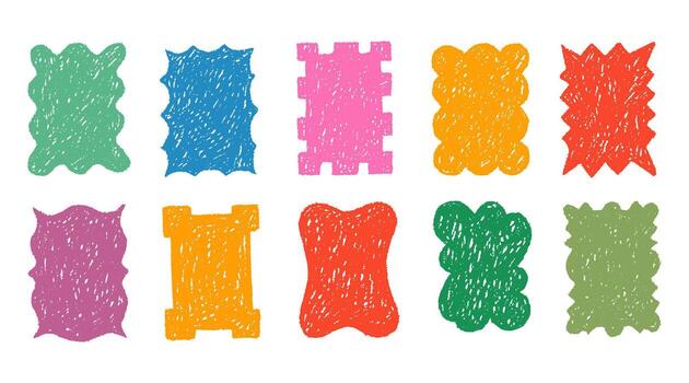 Hand drawn crayon touch. Cute colorful square shape frames with chalk brush texture on white background vector
