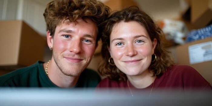 A young couple sits closely, smiling at the camera. They are surrounded by cardboard boxes, suggesting a moving context. The lighting is warm and soft, highlighting their. photo