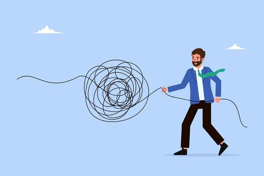 empresario desenreda un anudado cuerda. resolviendo complejo problemas, superar caos y negocio problema concepto. solución encontró. vector