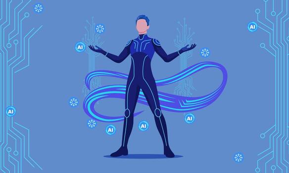 futurista ilustración de un sin rostro humanoide en un alta tecnología traje controlador ai símbolos, rodeado por digital circuitos y brillante infinito lazo en un azul antecedentes. vector