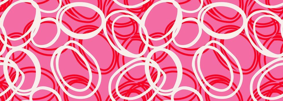 dinámica resumen modelo presentando superposición mano dibujado circulo formas en rojo y blanco en un brillante rosado antecedentes. atrevido, moderno, y artístico diseño, ideal para textiles, fondos de pantalla vector