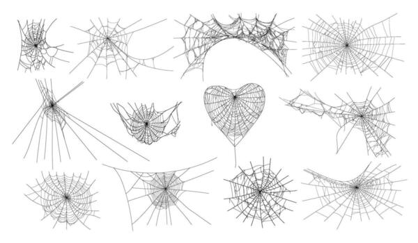 Spooky halloween old cobweb with various size and shapes. Old spider web set flat illustration. vector