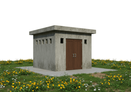 construeren een modern beton structuur in een weide bouwkundig vitrine natuurlijk instelling voorkant. png