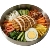 Halal bibimbap variation with grilled chicken and egg isolate on transparent background, fresh Delicious Food Illustration, healthy food clipart png