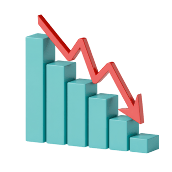 Declining 3d bar graph with red arrow showing negative trend on transparent background png