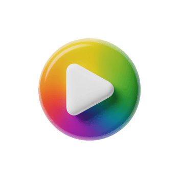 Rainbow colored play button icon with white triangle on transparent background, 3d render png