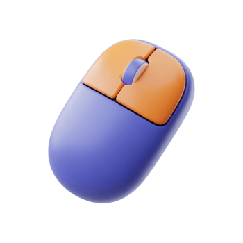 Stylized computer mouse with violet base and orange buttons on transparent background png