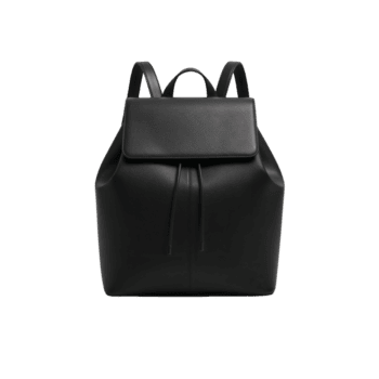 Elegant black backpack with drawstring closure floating against a transparent setting, perfect for png