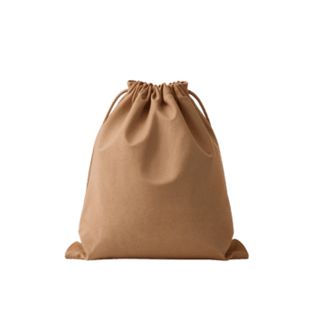 minimalistisch braun Kordelzug Sack schwebend im ein Leere, hervorrufen Einfachheit und organisch Textur, mit png