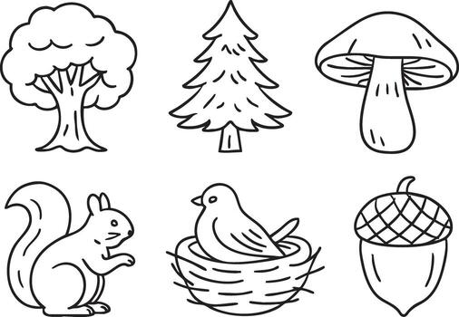 Forest and woodland icons tree pine mushroom squirrel bird nest and acorn vector