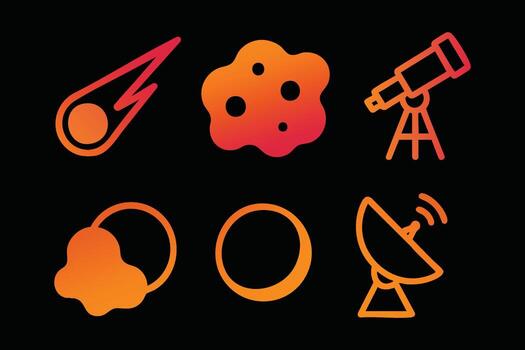 Neon gradient space and science icons comet flower telescope ring and dish on black vector