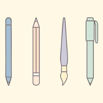 Writing instruments stylus pencil fountain pen and marker on cream background vector