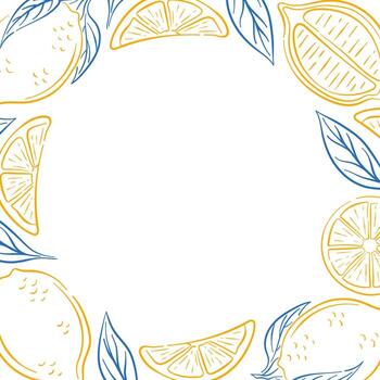Lemon fruit frame with whole lemon, slice, leaf on white background in line art style. Citrus border perfect for card, packaging, wedding invitation and summer banner design. vector