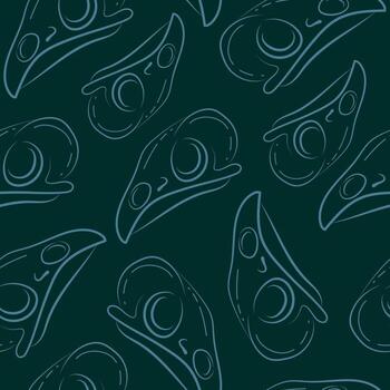 seamless pattern with bird skull icon in line art style drawn with various contours on a dark blue background, suitable for gothic or Halloween designs vector