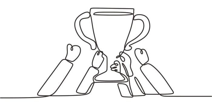 Continuous One Line Drawing Team Holding Trophy. Teamwork Success Collaboration Victory Group . vector