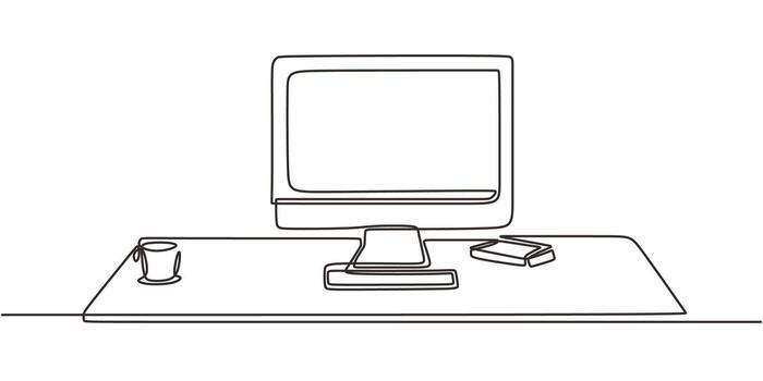 Continuous Line Minimalist Workspace. Desk Computer Setup Office Business Art. vector