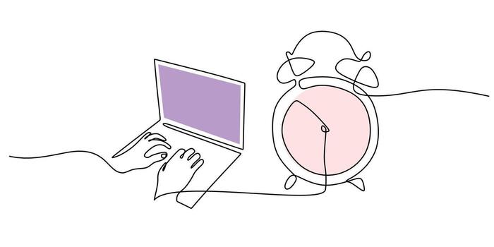 Continuous Line Drawing Clock Face Hands Typing. Time Management Work Efficiency Art. vector
