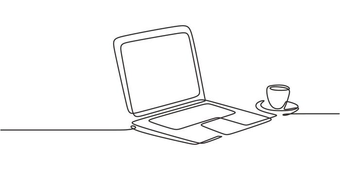 Continuous Line Drawing Work Setup Laptop Coffee Cup. Open Computer Desk Minimalist Art. vector