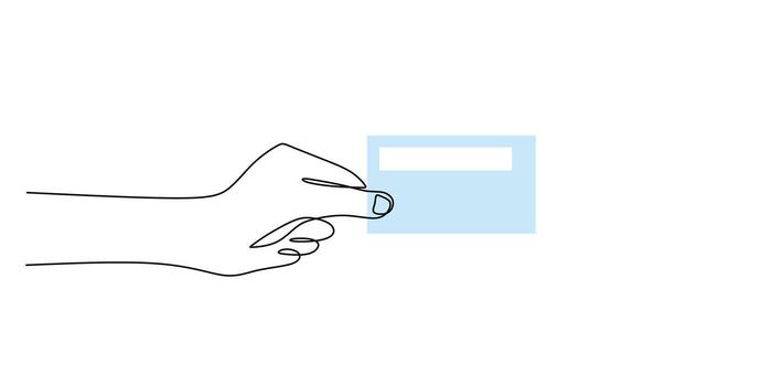 Continuous Line Drawing Hand Presenting Business Card. Networking Introduction Contact Art. vector
