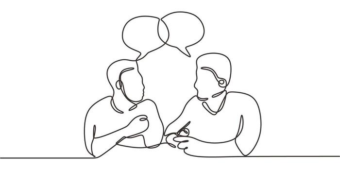 Single Line Art Workplace Dialogue Two Figures Linked Speech Bubbles. Teamwork Minimalist . vector