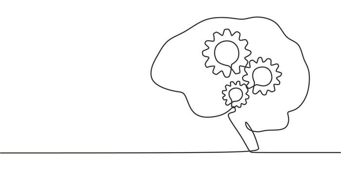 Continuous Line Drawing Brain Gears Inside. Analytical Thinking Innovation Problem Solving . vector