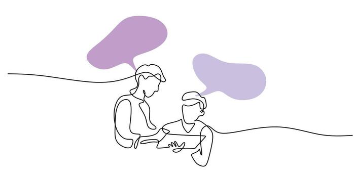 continuo línea dibujo dos personas habla burbujas conectando comunicación colaboración trabajo . vector