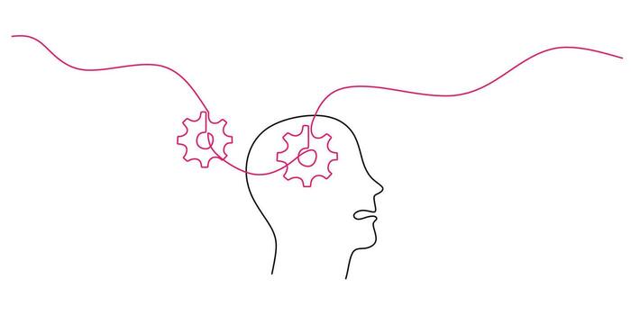 Continuous Line Drawing Brain Integrated Gears. Logical Reasoning Creativity Process Art. vector