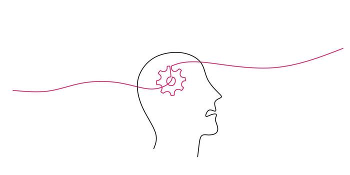 Continuous Line Drawing Brain Gears Inside. Intellectual Effort Problem Solving Strategy Art. vector