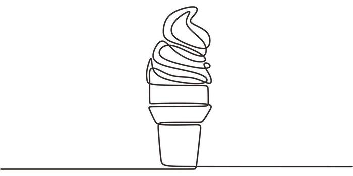 Continuous Line Drawing Soft Serve Ice Cream Cone Swirl Top. Sweet Treat Summer Minimalist . vector