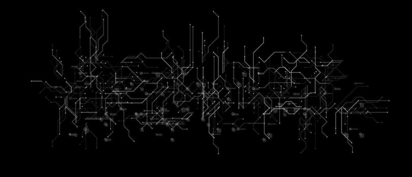 Digital circuit chip black background, processor network. AI neural system texture. Cyber data flow tech pattern. Artificial intelligence technology backdrop. White lines BG. illustration vector