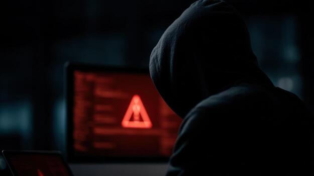 Hacker in dark room with hooded sweatshirt, red warning symbol on computer screen, cybercrime photo