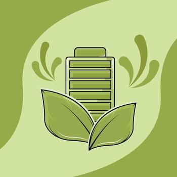 Eco Friendly Power Source with Leaves illustration template graphic design . Green Energy Battery Sustainable and Renewable Electricity for ecology idea with backgrounds in flat style vector